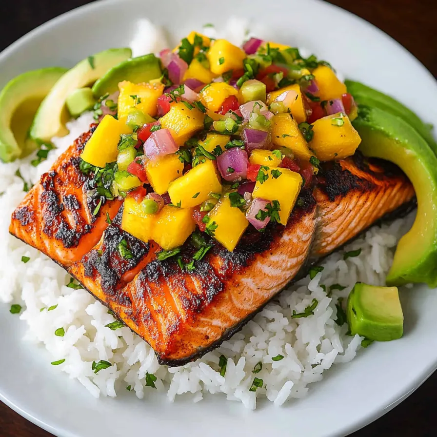 Piatto con pesce, avocado e riso.