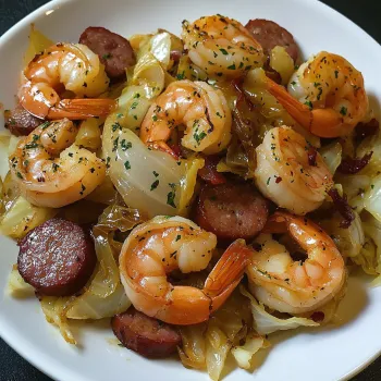 Shrimp e pollo su una tavolata bianca.