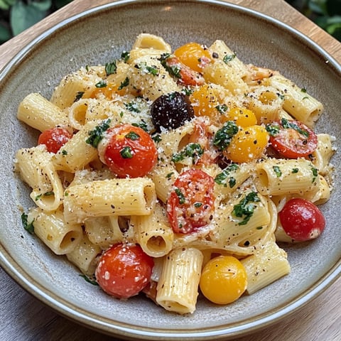 Un piatto di pasta colorato con pomodorini, cipolle, melanzane e olive.