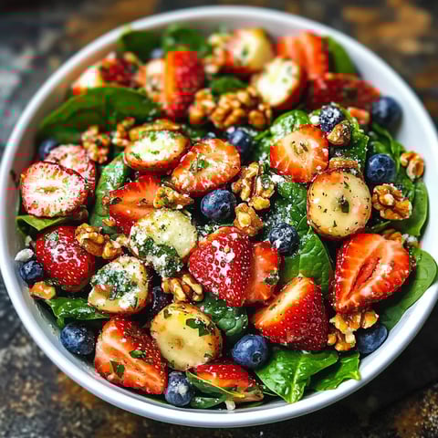 Una tazza di frullato di frutta con strawberry, blueberry, banana e walnut.