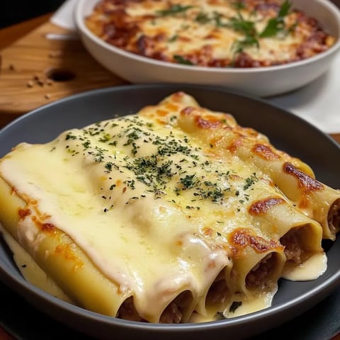 Un piatto con cannelloni e una ciotola di salsa.