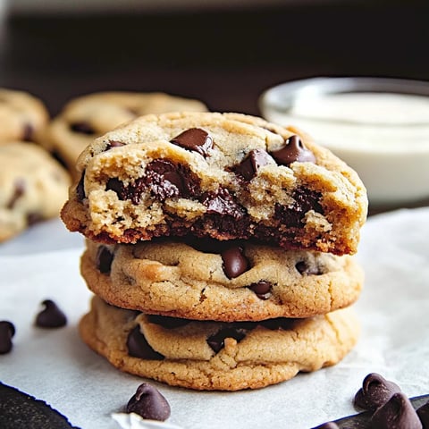 Una pila di biscotti con gocce di cioccolato.
