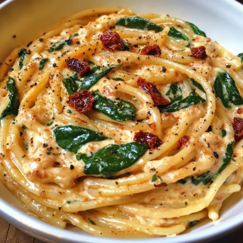 Un piatto di spaghetti con spinaci e salsa cremosa ai pomodori secchi.