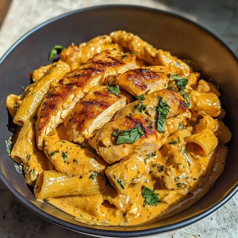 Una ciotola di pasta con pollo.