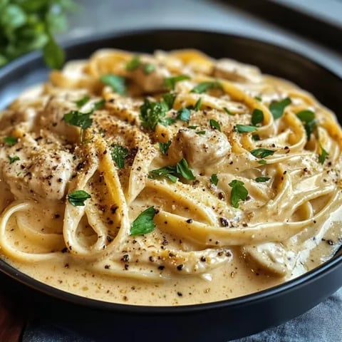 Un piatto di pasta con salsa cremosa e erbe fresche.