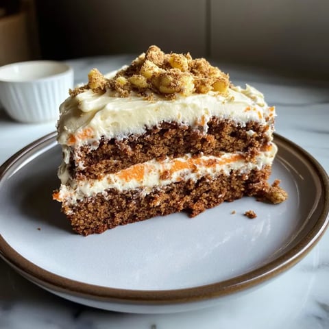 Una fetta di carrot cake con frosting al formaggio cremoso.
