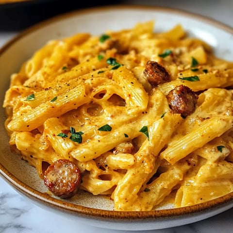 Ciotola con pasta cremosa e salsiccia.